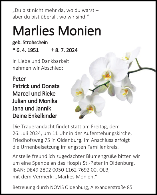 Traueranzeige von Marlies Monien von Nordwest-Zeitung