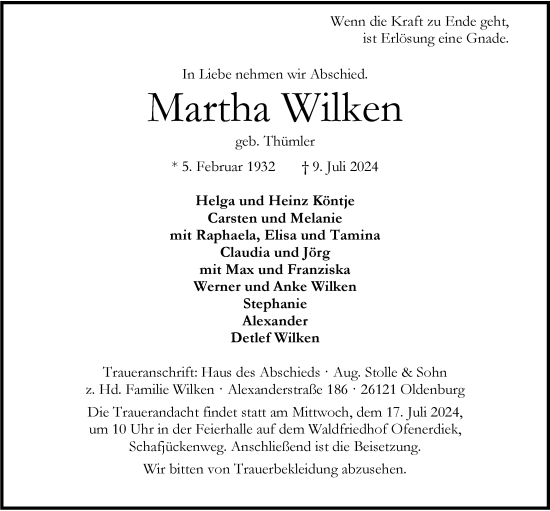 Traueranzeige von Martha Wilken von Nordwest-Zeitung