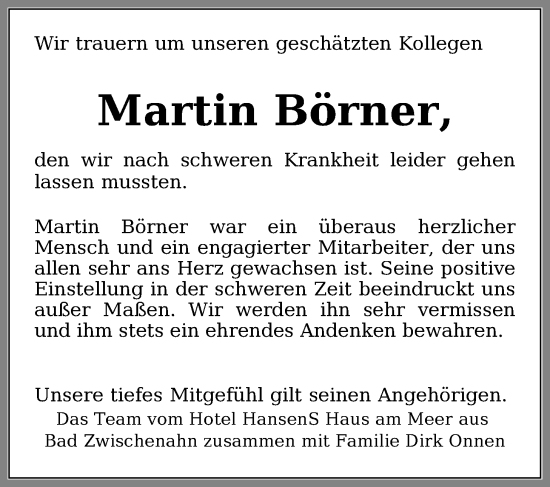 Traueranzeige von Martin Börner  von Nordwest-Zeitung