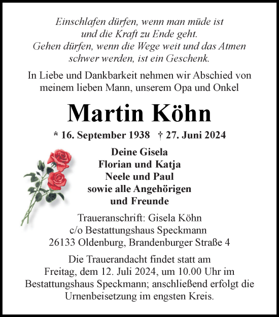 Traueranzeige von Martin Köhn von Nordwest-Zeitung