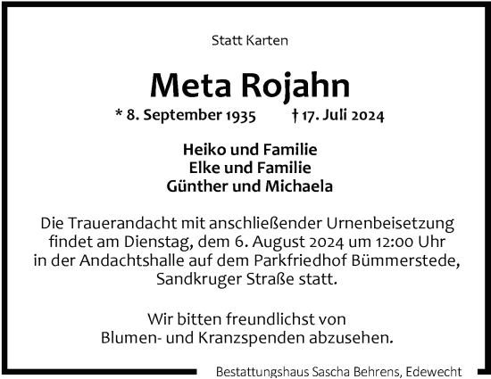 Traueranzeige von Meta Rojahn von Nordwest-Zeitung