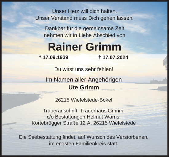 Traueranzeige von Rainer Grimm von Nordwest-Zeitung