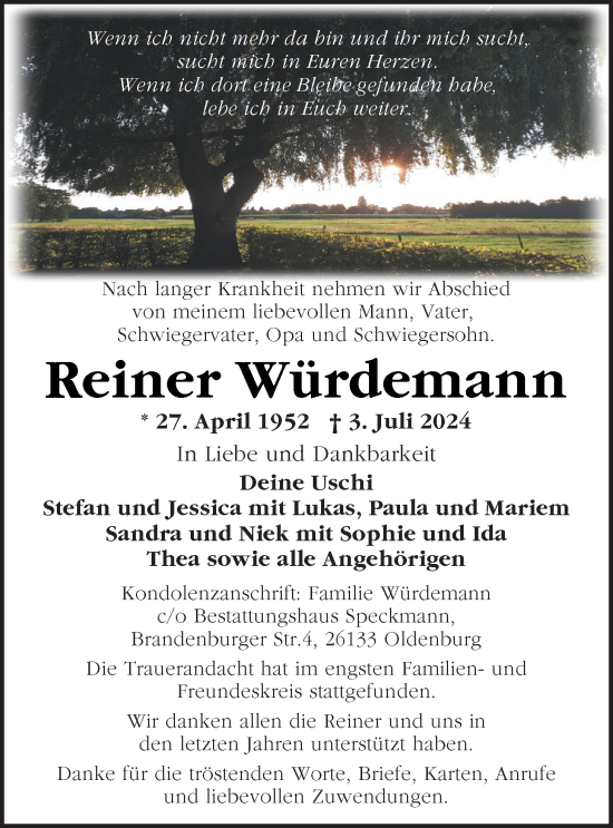 Traueranzeige von Reiner Würdemann von Nordwest-Zeitung