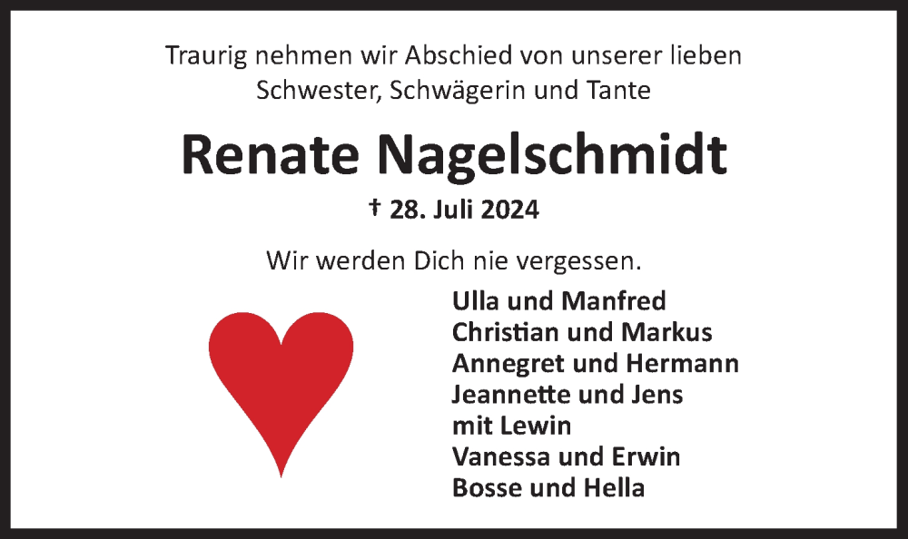  Traueranzeige für Renate Nagelschmidt vom 31.07.2024 aus Nordwest-Zeitung