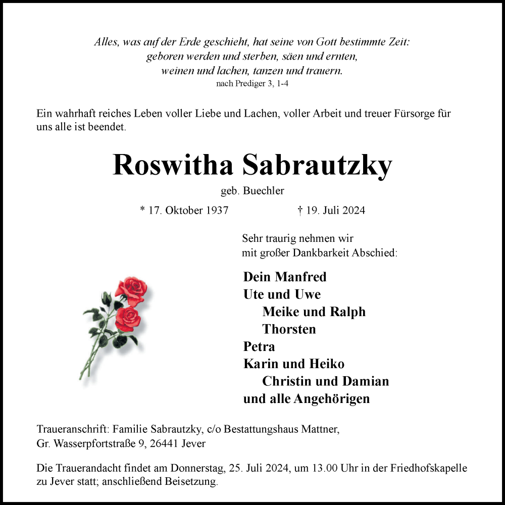  Traueranzeige für Roswitha Sabrautzky vom 23.07.2024 aus WZ/JW/AH