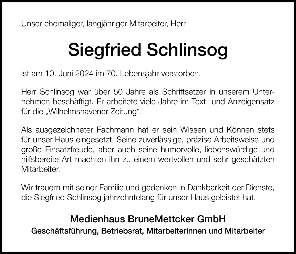  Traueranzeige für Siegfried Schlinsog vom 06.07.2024 aus WZ/JW/AH