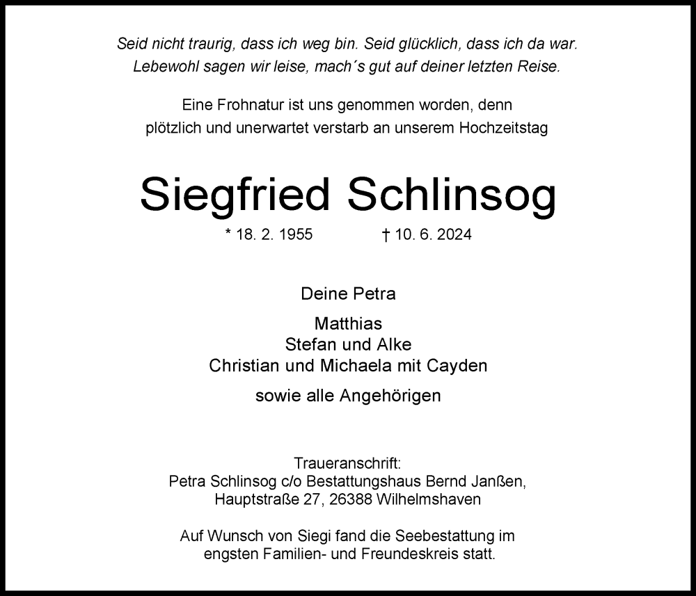  Traueranzeige für Siegfried Schlinsog vom 06.07.2024 aus WZ/JW/AH