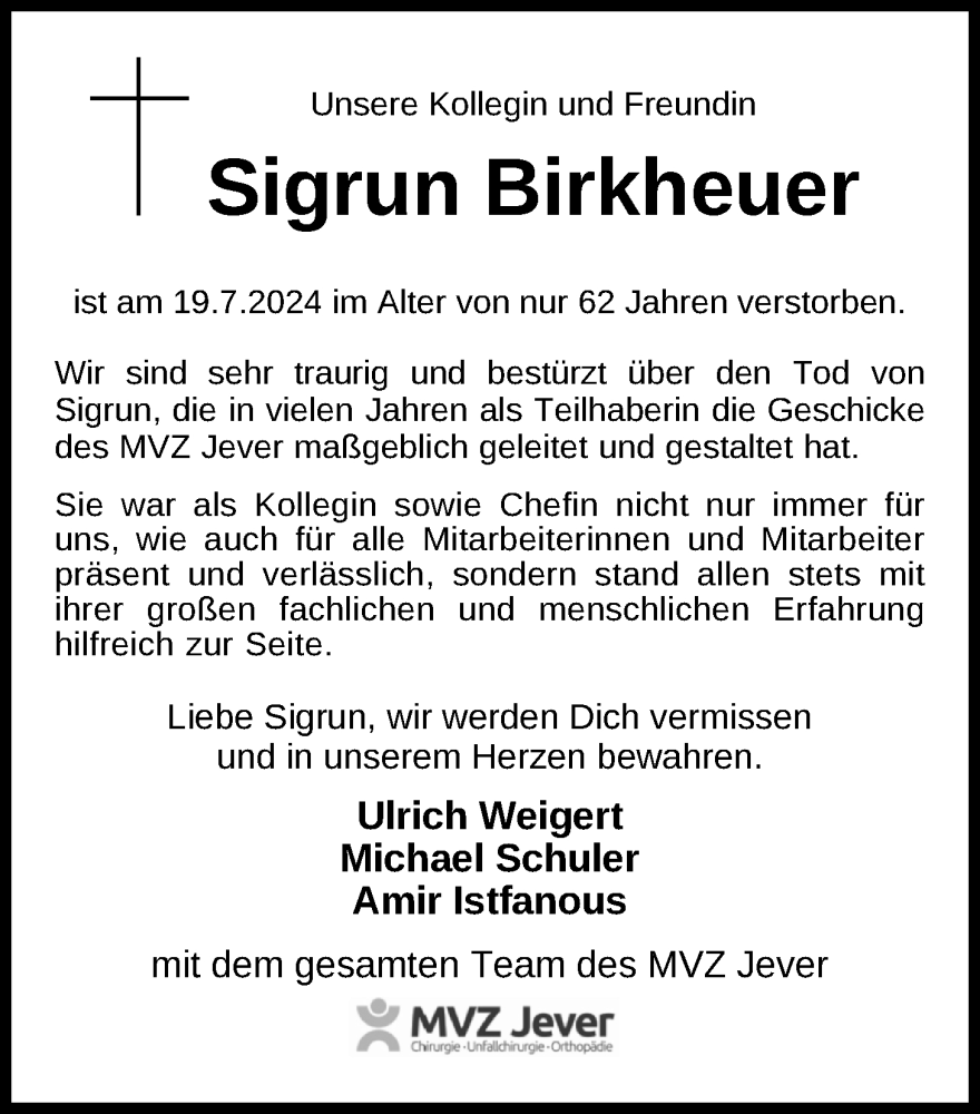  Traueranzeige für Sigrun Birkheuer vom 27.07.2024 aus WZ/JW/AH