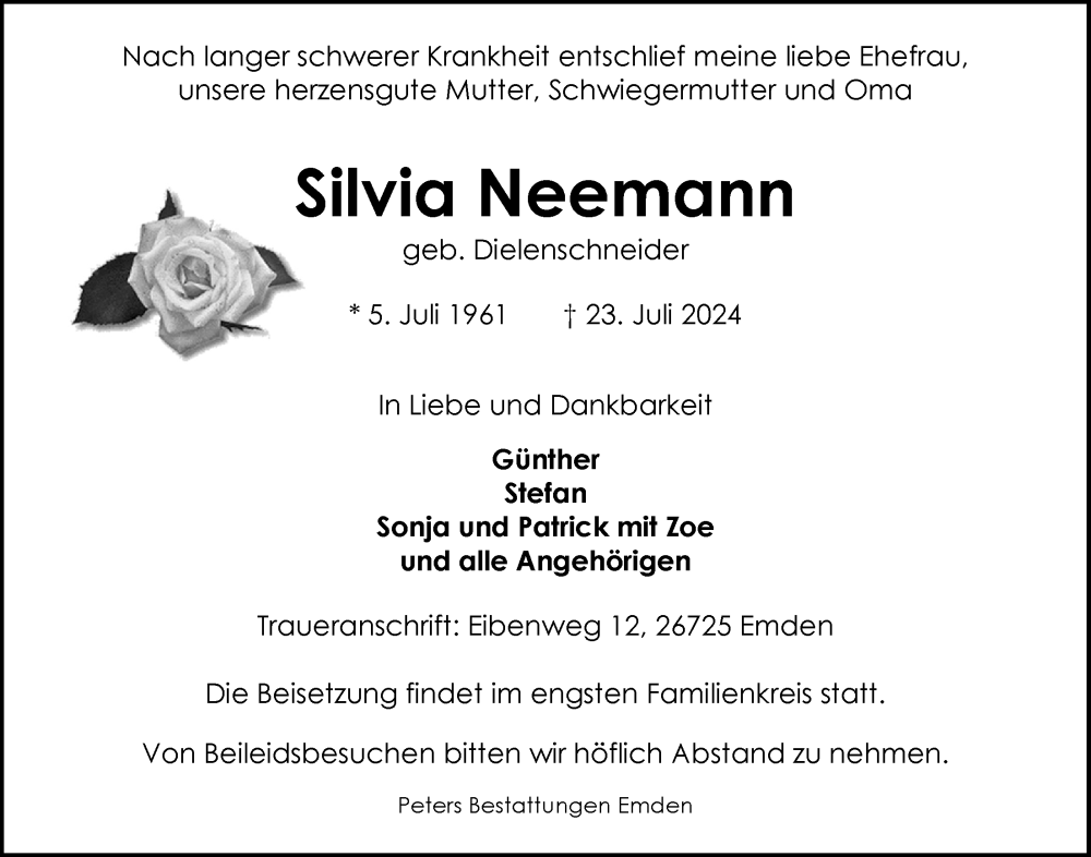  Traueranzeige für Silvia Neemann vom 27.07.2024 aus Emder Zeitung