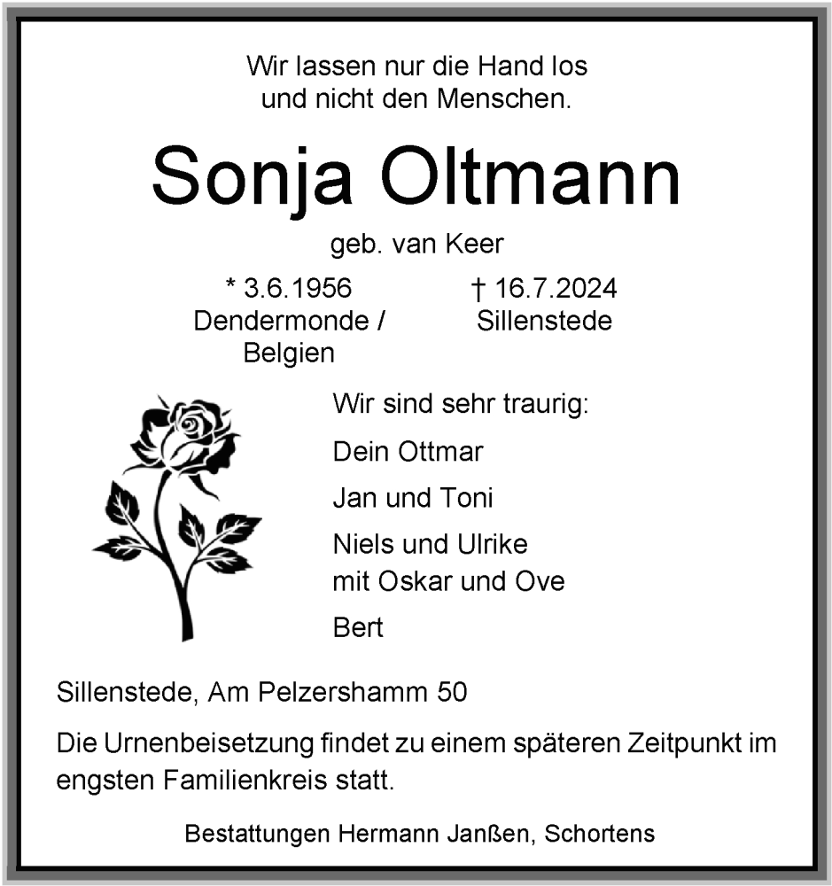  Traueranzeige für Sonja Oltmann vom 20.07.2024 aus WZ/JW/AH