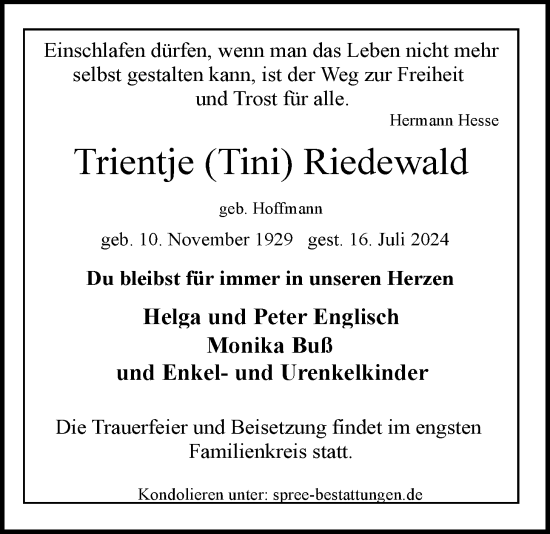 Traueranzeige von Trientje Riedewald von Emder Zeitung