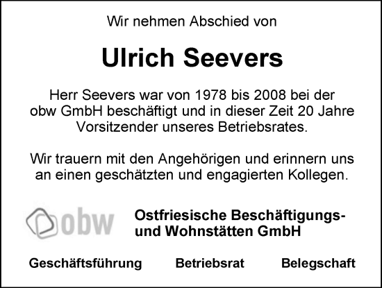 Traueranzeige von Ulrich Seevers von Emder Zeitung