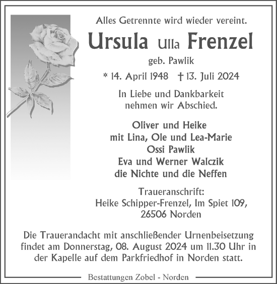 Traueranzeige von Ursula Frenzel von Emder Zeitung