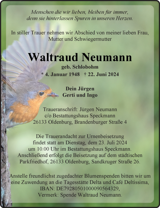 Traueranzeige von Waltraud Neumann von Nordwest-Zeitung