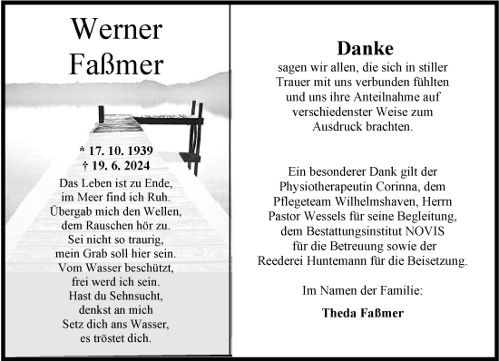 Traueranzeige von Werner Faßmer von WZ/JW/AH
