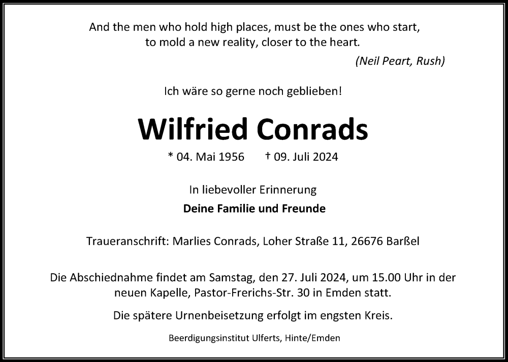  Traueranzeige für Wilfried Conrads vom 20.07.2024 aus Emder Zeitung