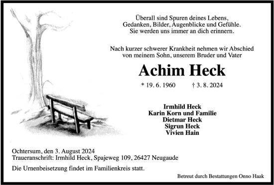 Traueranzeige von Achim Heck von WZ/JW/AH