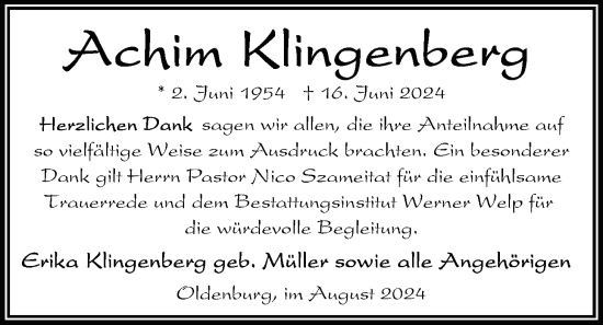 Traueranzeige von Achim Klingenberg von Nordwest-Zeitung