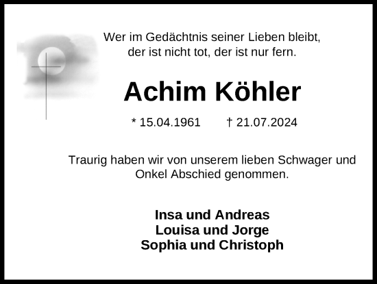 Traueranzeige von Achim Köhler von WZ/JW/AH
