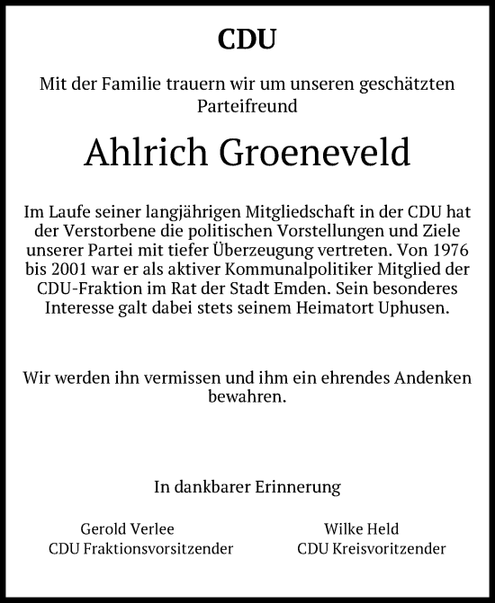 Traueranzeige von Ahlrich Groeneveld von Emder Zeitung