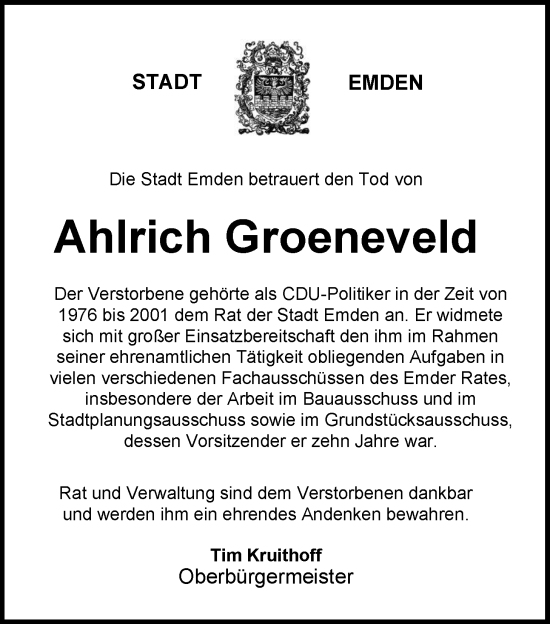 Traueranzeige von Ahlrich Groeneveld von Emder Zeitung