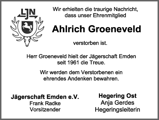 Traueranzeige von Ahlrich Groeneveld von Emder Zeitung