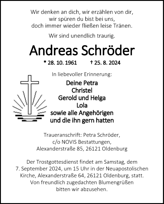 Traueranzeige von Andreas Schröder von Nordwest-Zeitung