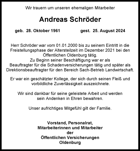 Traueranzeige von Andreas Schröder von Nordwest-Zeitung