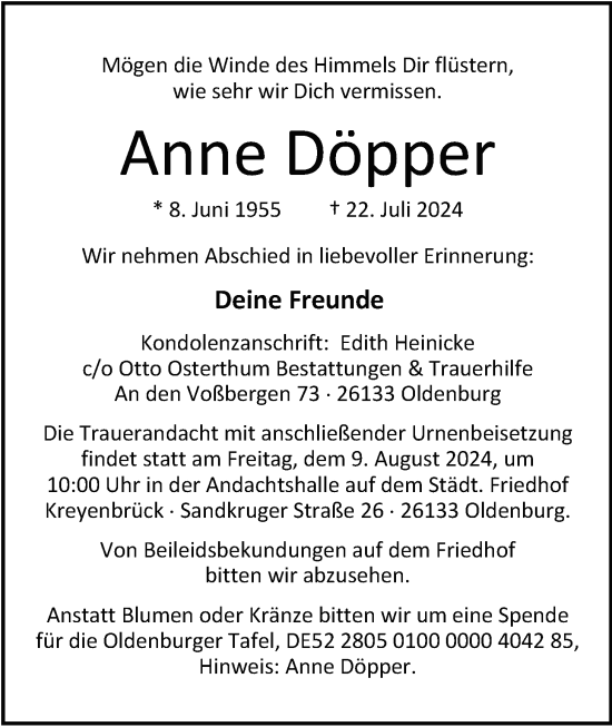 Traueranzeige von Anne Döpper von Nordwest-Zeitung