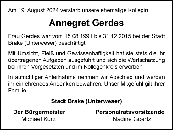 Traueranzeige von Annegret Gerdes von Nordwest-Zeitung