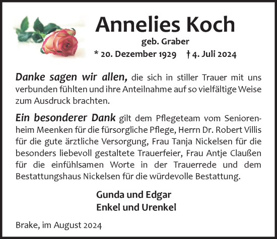 Traueranzeige von Annelies Koch von Nordwest-Zeitung