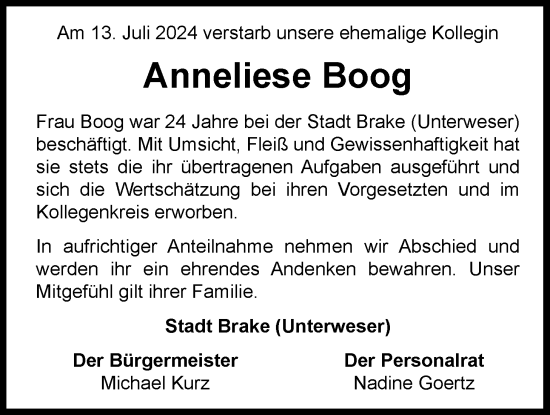 Traueranzeige von Anneliese Boog von Nordwest-Zeitung