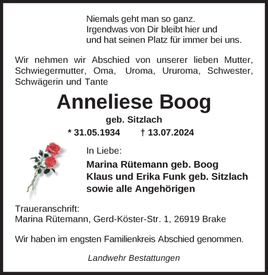 Traueranzeige von Anneliese Boog von Nordwest-Zeitung