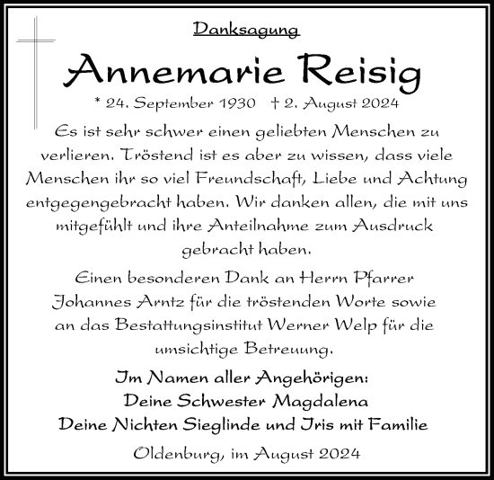 Traueranzeige von Annemarie Reisig von Nordwest-Zeitung