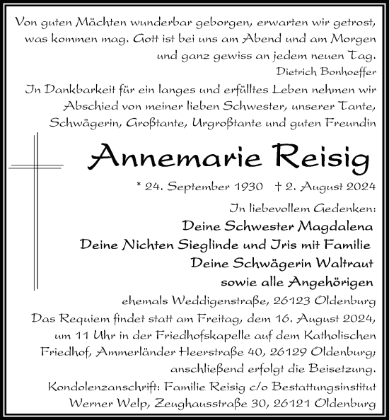 Traueranzeige von Annemarie Reisig von Nordwest-Zeitung