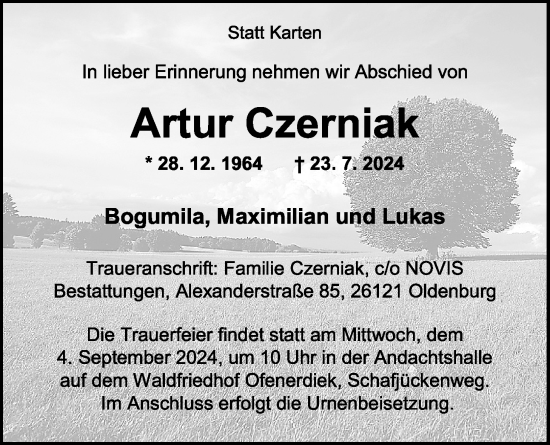 Traueranzeige von Artur Czerniak von Nordwest-Zeitung