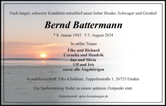 Traueranzeige von Bernd Battermann von Emder Zeitung
