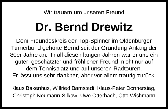 Traueranzeige von Bernd Drewitz von Nordwest-Zeitung