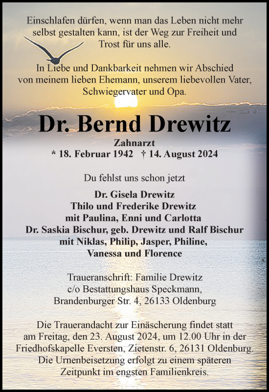 Traueranzeige von Bernd Drewitz von Nordwest-Zeitung