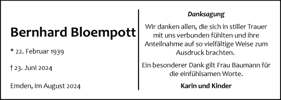 Traueranzeige von Bernhard Bloempott von Emder Zeitung