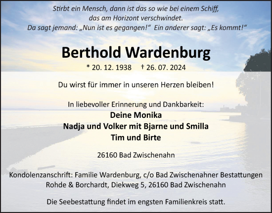 Traueranzeige von Berthold Wardenburg von Nordwest-Zeitung