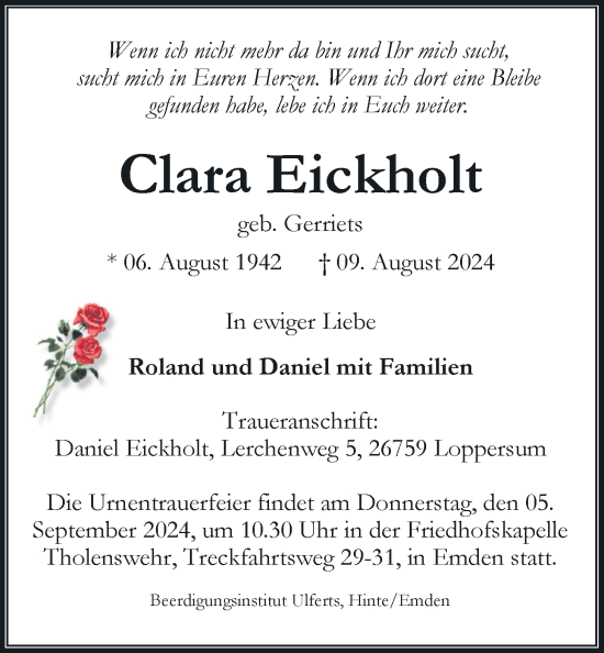 Traueranzeige von Clara Eickholt von Emder Zeitung