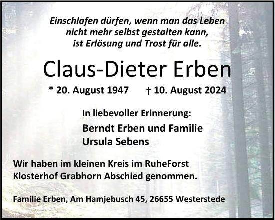 Traueranzeige von Claus-Dieter Erben von Nordwest-Zeitung