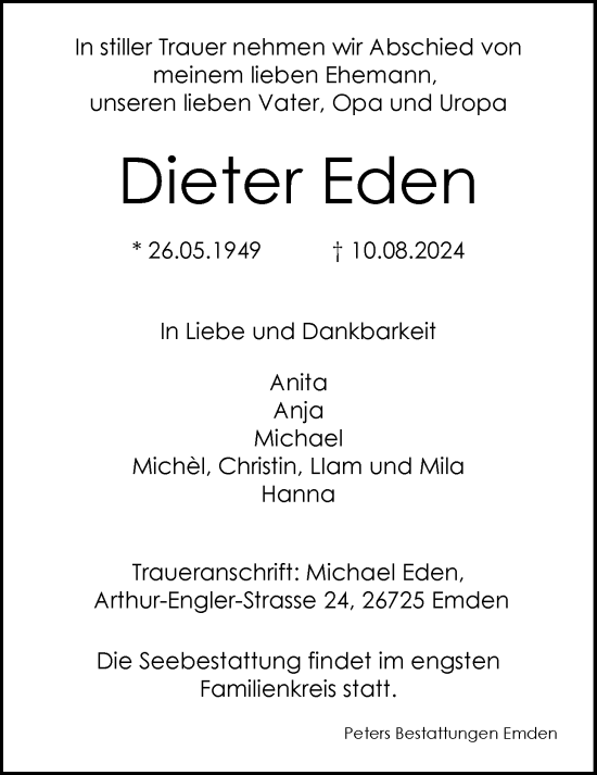 Traueranzeige von Dieter Eden von Emder Zeitung