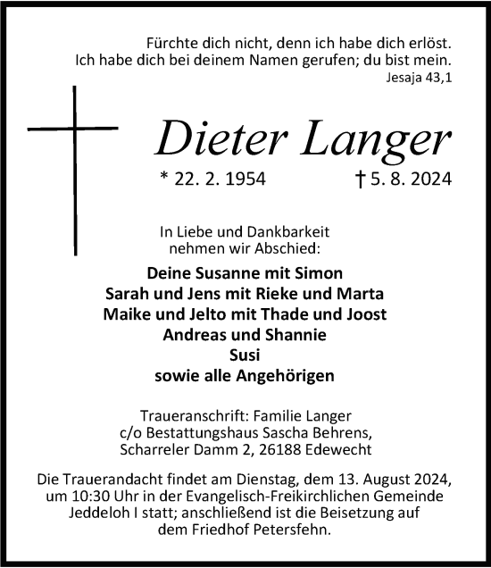 Traueranzeige von Dieter Langer von Nordwest-Zeitung