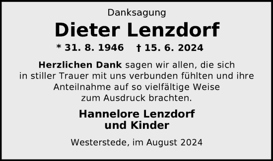 Traueranzeige von Dieter Lenzdorf von Nordwest-Zeitung