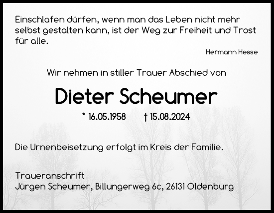 Traueranzeige von Dieter Scheumer von Nordwest-Zeitung