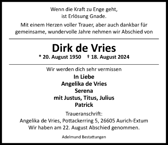 Traueranzeige von Dirk de Vries von Emder Zeitung