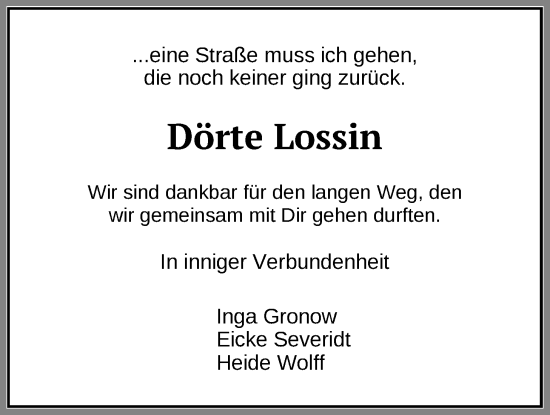 Traueranzeige von Dörte Lossin von Nordwest-Zeitung