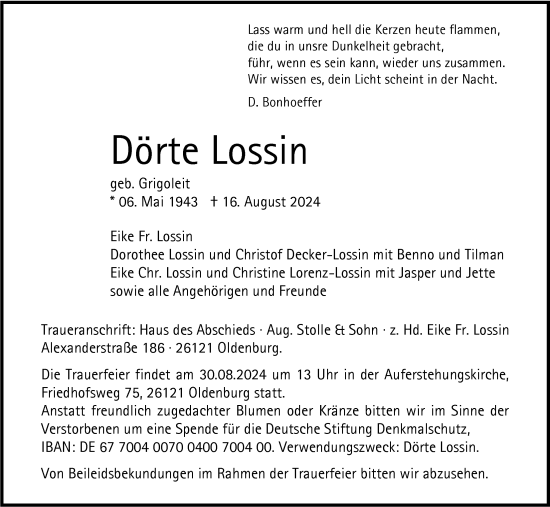 Traueranzeige von Dörte Lossin von Nordwest-Zeitung
